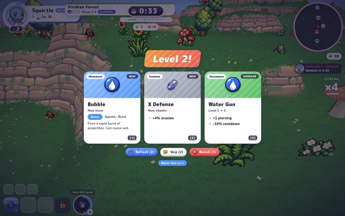 Three upgrade choices during a Squirtle run in PokeBonk