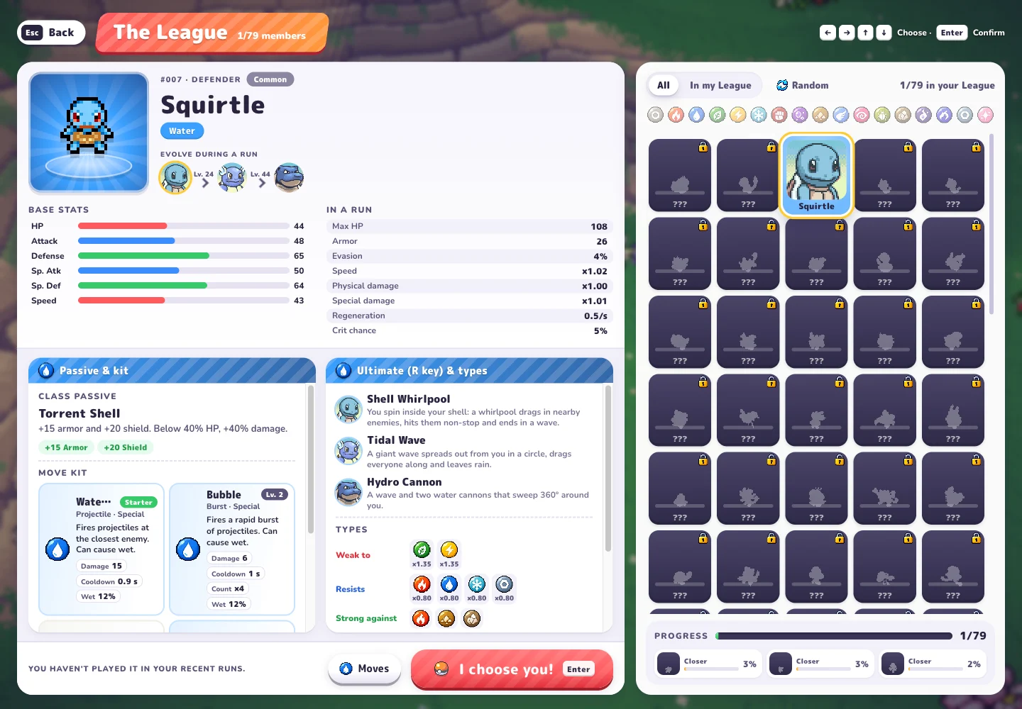 Squirtle profile and starting stats in PokeBonk