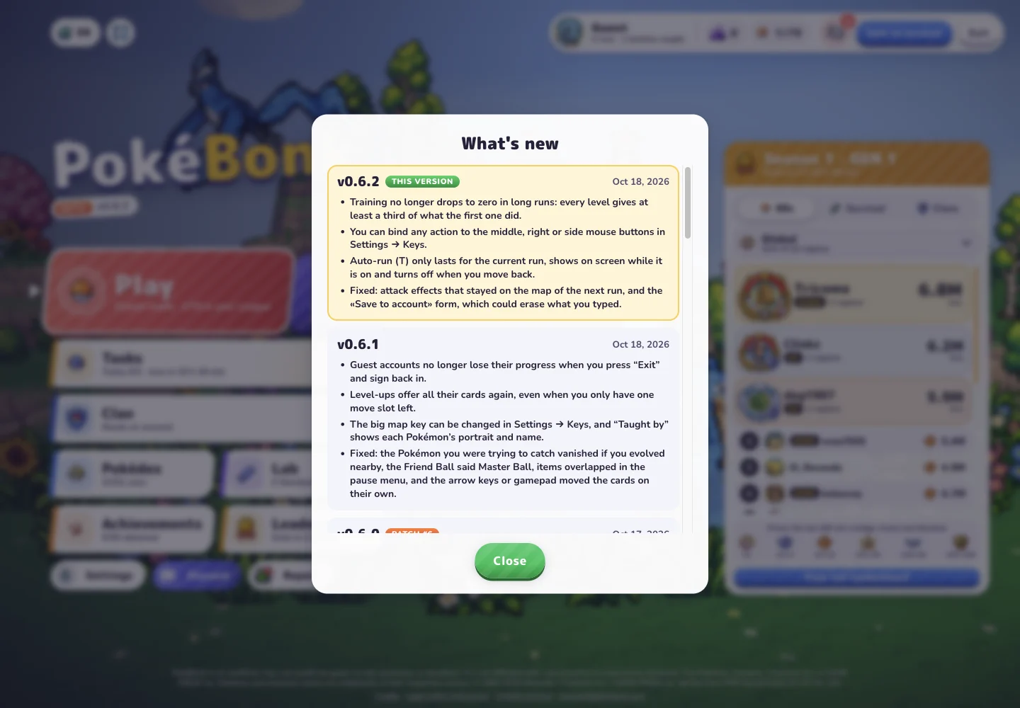 Built-in PokeBonk release history showing the v0.6.2 and v0.6.1 changes